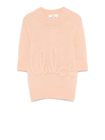 Chloé Logo Embroidery Sweater Sweaters And Cardigans Pink In Neutral