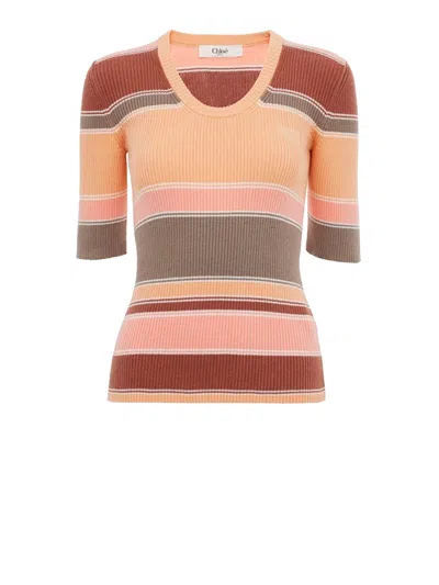 Chloé Embroidered Striped Ribbed Cotton Sweater In Multi