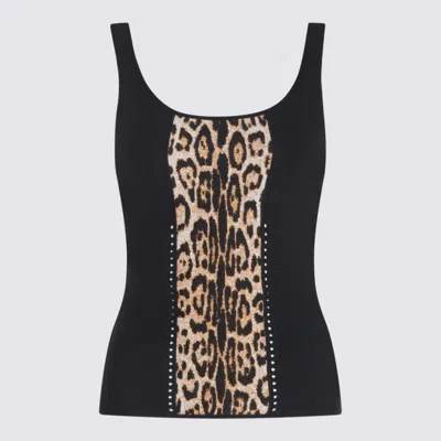 Roberto Cavalli Sleeveless Animal Print Top With Studded Detail In Black