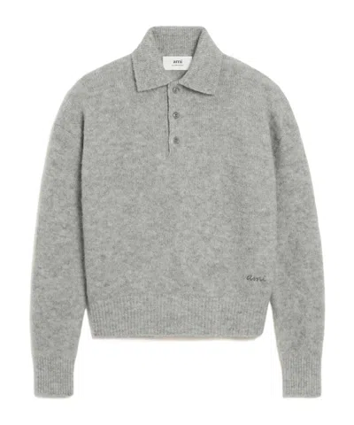 Ami Alexandre Mattiussi Light Grey Knit Sweater With Polo Collar And Three-button Placket In Gray