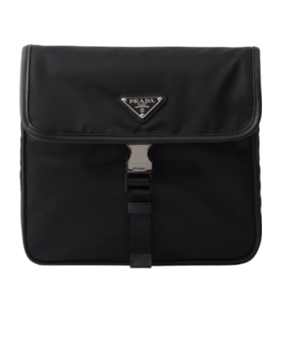 Prada Fabric Leather Shoulder Bag Adjustable Strap Front Flap In Black