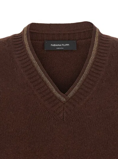 Fabiana Filippi Wool Silk Cashmere Blend V Neck Sweater In Brown
