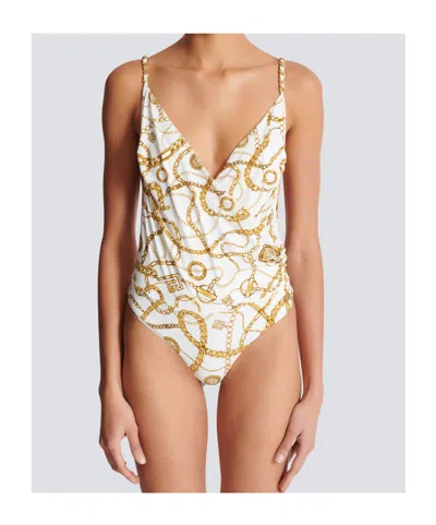 Balmain Chaînes-pattern Swimsuit In White