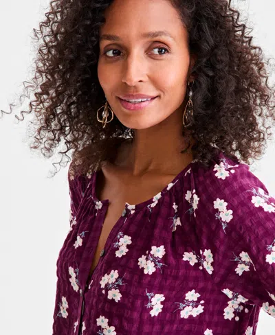 Style & Co Petite Printed Seersucker Puff-sleeve Popover Top, Macy's Exclusive In Red