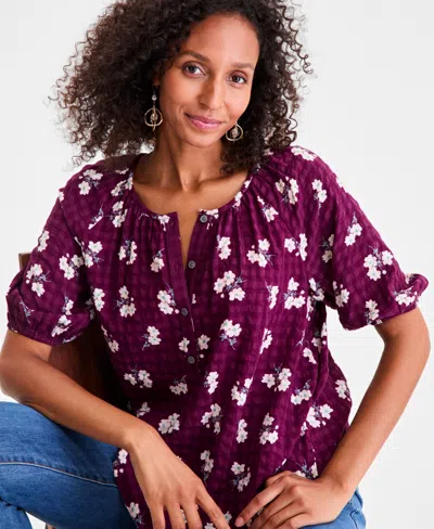Style & Co Petite Printed Seersucker Puff-sleeve Popover Top, Macy's Exclusive In Red