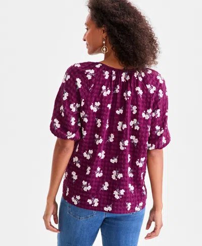 Style & Co Petite Printed Seersucker Puff-sleeve Popover Top, Macy's Exclusive In Red