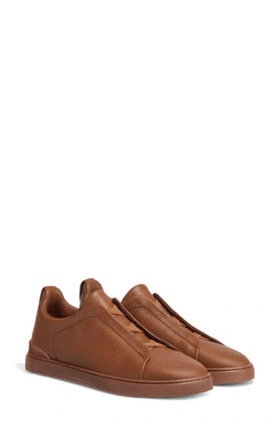 Zegna Triple Stitch Deerskin Leather Slip-on Sneaker In Brown