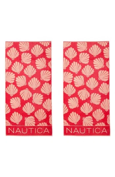 Nautica Seashell Seashore Jacquard Beach Towel Set, 68" X 36" In Red