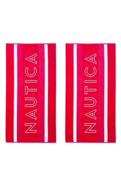 Nautica Logo Stripe Jacquard Beach Towel Set, 68" X 36" In Red