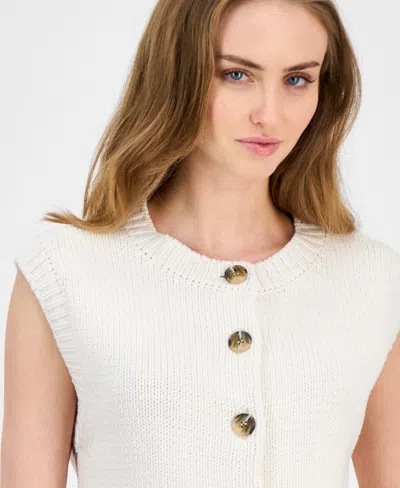 Anne Klein Petite Button-front Ribbed-hem Stitch Sweater In White