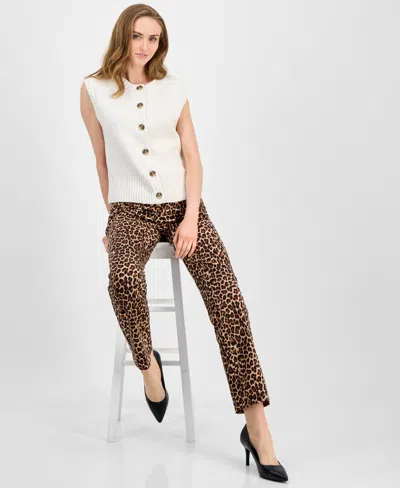 Anne Klein Petite Button-front Ribbed-hem Stitch Sweater In White