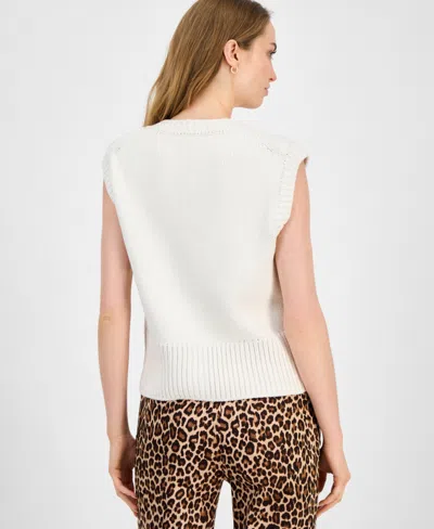Anne Klein Petite Button-front Ribbed-hem Stitch Sweater In White