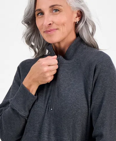 Style & Co Petite Waffle-knit Half-zip Sweatshirt, Macy's Exclusive In Black