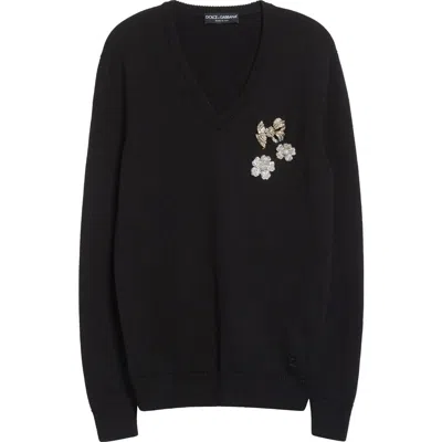 Dolce & Gabbana V-neck Embroidered Sweater In Black
