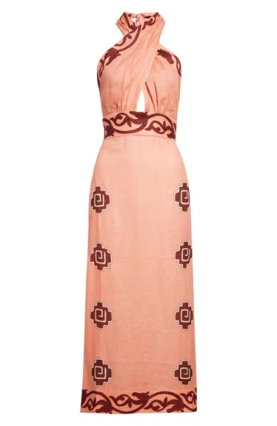 Johanna Ortiz Energetic Patterns Linen Halter Midi Dress In Brown