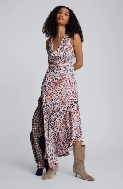 Kenneth Cole Printed Satin Asymmetric Hem Cowl Front Dress In Multi