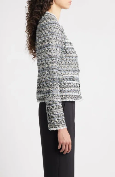 Elie Tahari The Dakota Fringe Trim Tweed Jacket In Gray