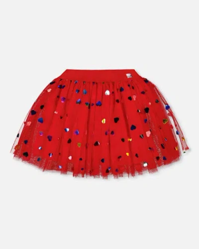 Deux Par Deux Tulle Skirt With Iridescent Heart Confettis In Red