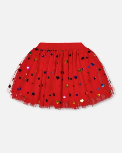 Deux Par Deux Tulle Skirt With Iridescent Heart Confettis In Red