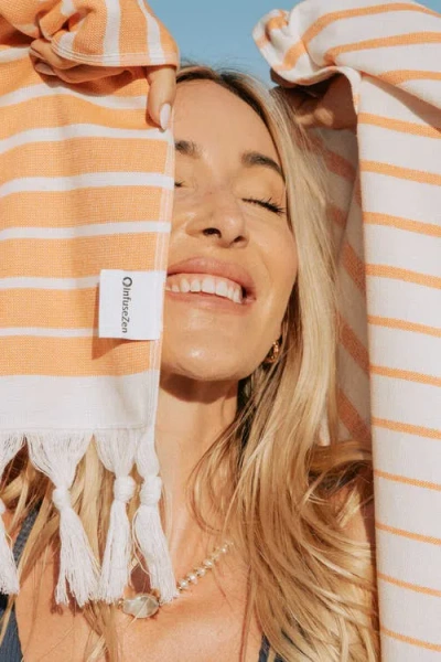 Infusezen Gradient Striped Organic Turkish Towel With Soft Terry Cloth Back In Orange