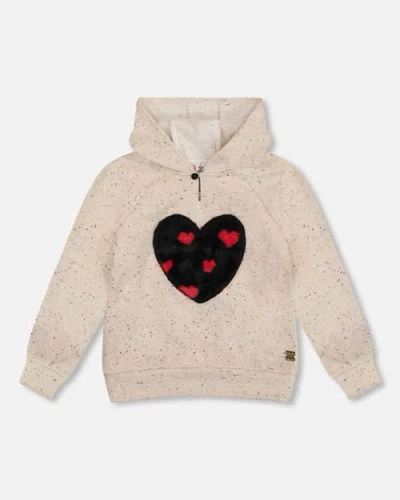 Deux Par Deux Glittering French Terry Hoodie With Heart Applique In Neutral