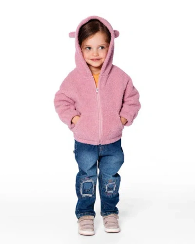 Deux Par Deux Hooded Full Zip Cat Plush Jacket In Pink
