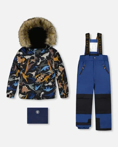 Deux Par Deux Two-piece Play Snowsuit With Dinosaurs Jacket In Multi