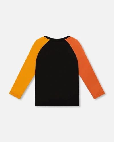 Deux Par Deux Long Sleeve Raglan T-shirt With Glow-in-the-dark Dinosaur In Black