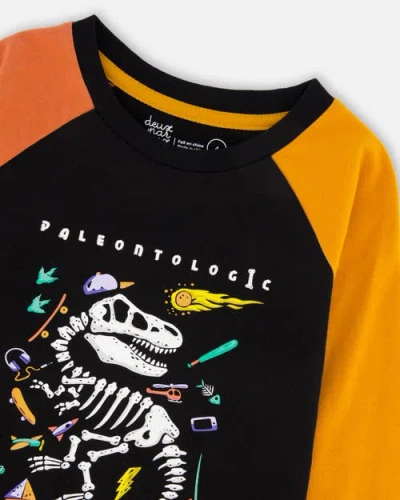 Deux Par Deux Long Sleeve Raglan T-shirt With Glow-in-the-dark Dinosaur In Black