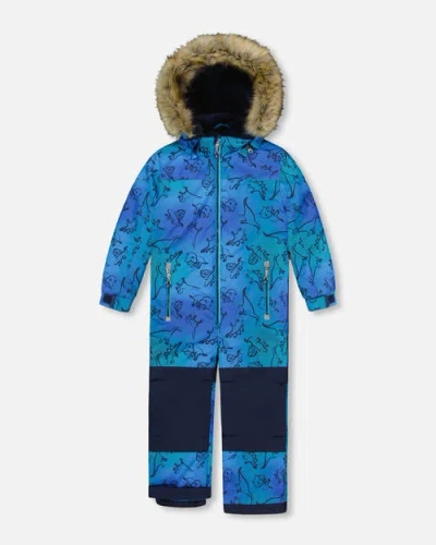 Deux Par Deux One-piece Discover Snowsuit Dinosaur In Blue