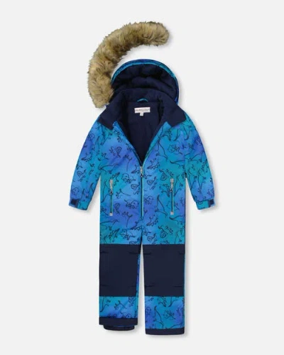 Deux Par Deux One-piece Discover Snowsuit Dinosaur In Blue