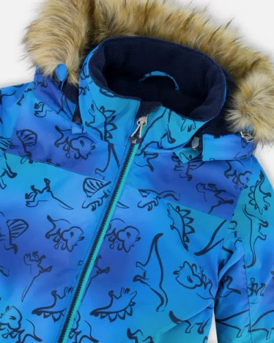 Deux Par Deux One-piece Discover Snowsuit Dinosaur In Blue