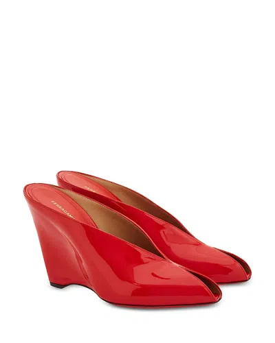 Ferragamo Alicia Patent Leather Peep-toe Wedge Mules In Red