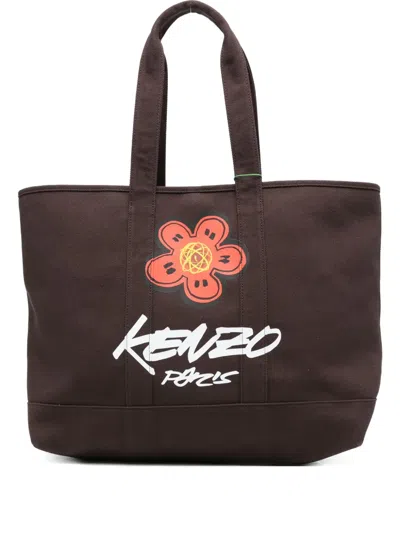 Kenzo Brown Cotton Shopping Bag With Flower Print And Logo  In Brown