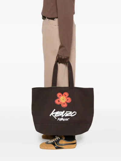 Kenzo Brown Cotton Shopping Bag With Flower Print And Logo  In Brown
