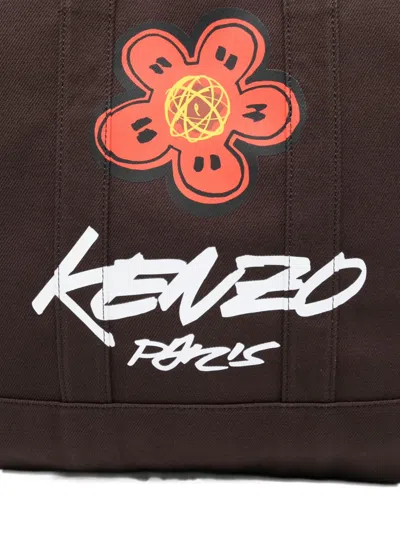 Kenzo Brown Cotton Shopping Bag With Flower Print And Logo  In Brown