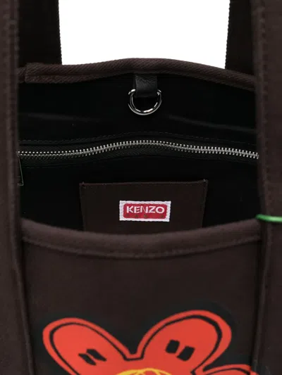Kenzo Brown Cotton Shopping Bag With Flower Print And Logo  In Brown