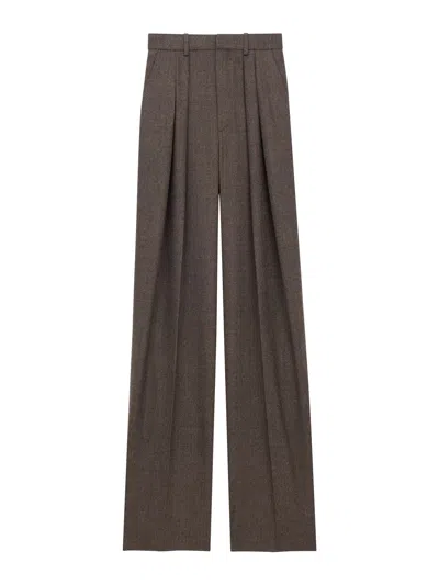 Saint Laurent Wide-leg Pants In Herringbone Wool In Brown