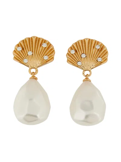 Self-portrait Shell-shaped Earrings With Teardrop Pearl Pendant In Gold