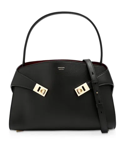 Ferragamo Dark Brown Leather Medium Hug Soft Shoulder Bag In Black