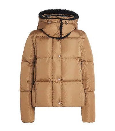 Moncler Piumino Corto Castelnou Con Cappuccio In Pile E Trapuntatura A Quadri In Neutral