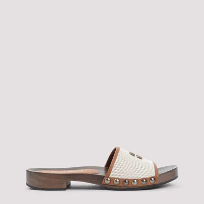 Miu Miu Canvas And Leather Studded Clog Sandals In Neutral
