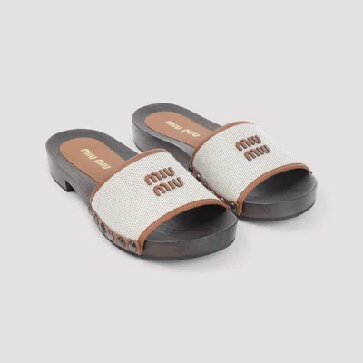 Miu Miu Canvas And Leather Studded Clog Sandals In Neutral