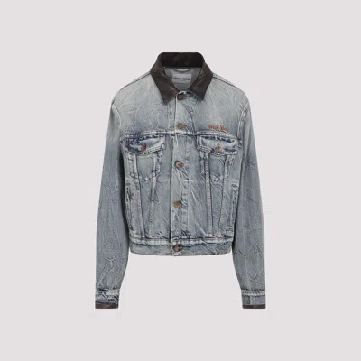 Miu Miu Denim Jacket With Lamb Leather Collar In Blue