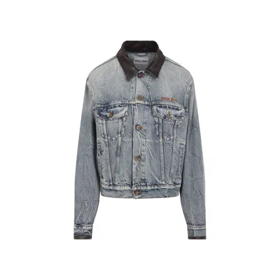 Miu Miu Denim Jacket With Lamb Leather Collar In Blue