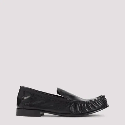 Miu Miu Ruched Leather Mocassin Loafers In Black