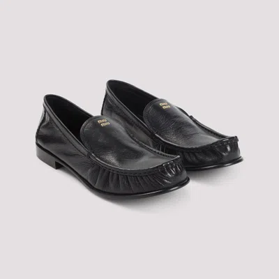 Miu Miu Ruched Leather Mocassin Loafers In Black