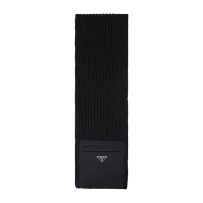 Prada Wool Blend Ribbed Scarf With Zip Pocket In Black