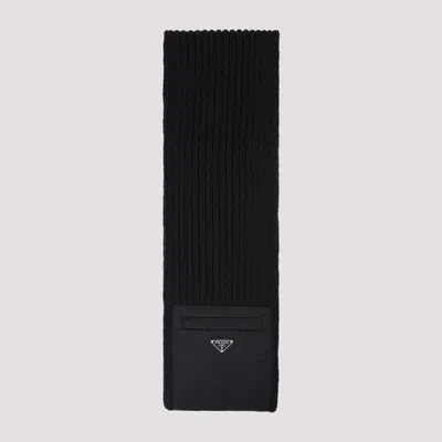 Prada Wool Blend Ribbed Scarf With Zip Pocket In Black