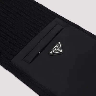 Prada Wool Blend Ribbed Scarf With Zip Pocket In Black